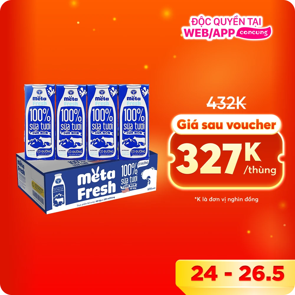Thùng sữa tươi có đường bổ sung sữa non Metafresh 180ml, lốc 4 hộp