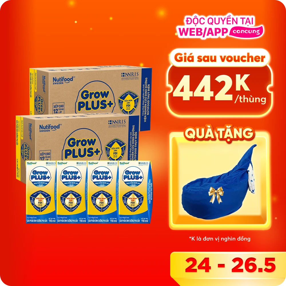 Combo 2 Thùng  Sữa GrowPLUS+ Sữa non Vàng hộp 110ml (lốc 4 hộp)