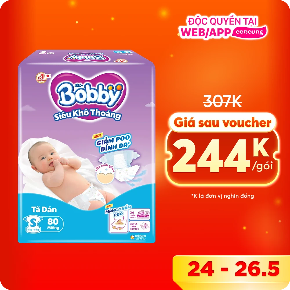 [Google Shopping] Tã dán Bobby siêu thấm - khô thoáng  (S, 4-8kg, 80 miếng) (giao bao bì ngẫu nhiên)