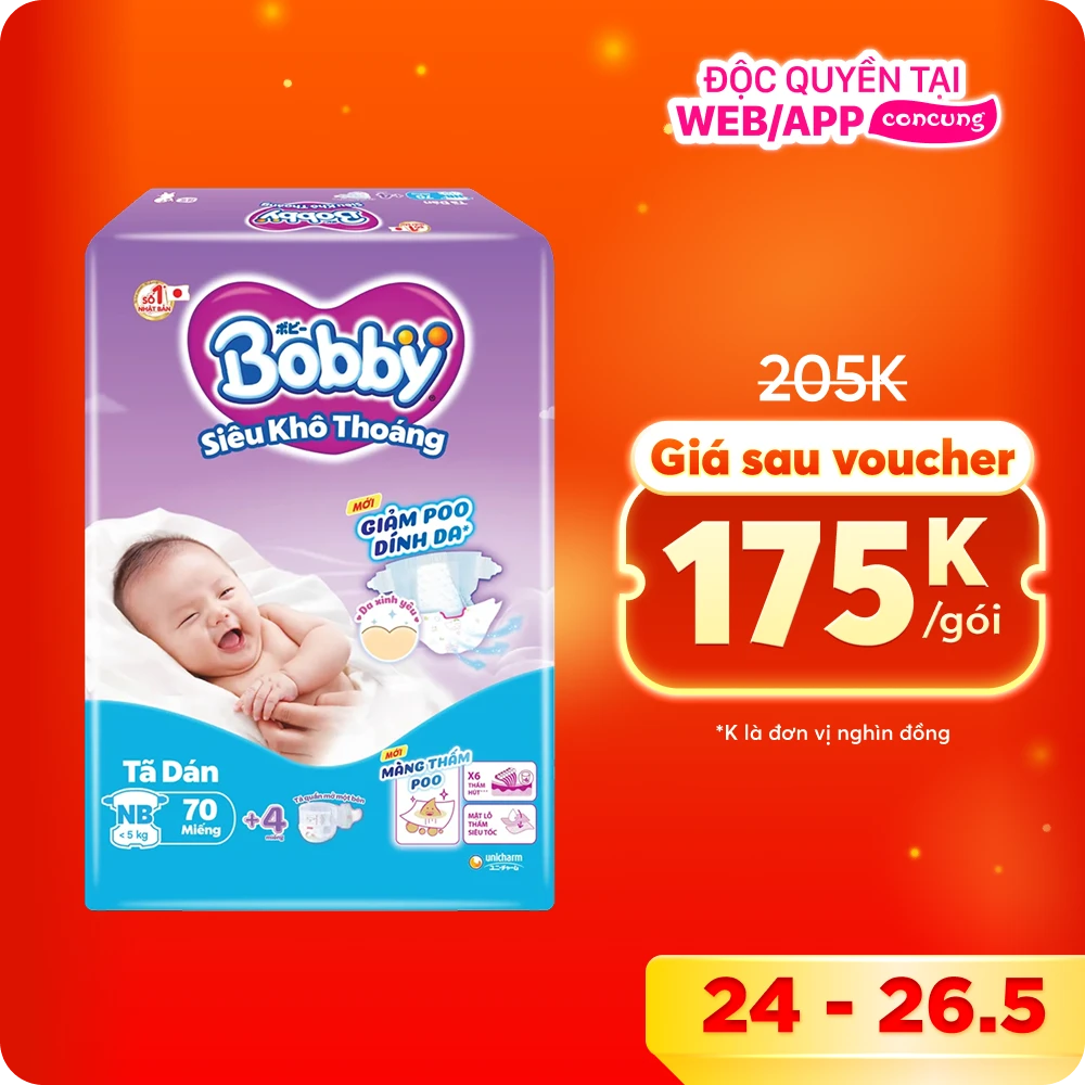 Tã dán Bobby siêu thấm - khô thoáng  (Sơ sinh, dưới 5kg, 70 miếng) (giao bao bì ngẫu nhiên)