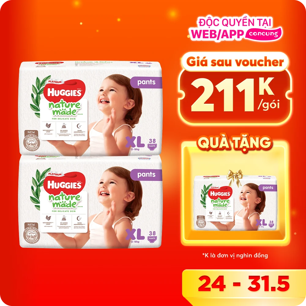 Combo 2 gói Bỉm tã quần Huggies Platinum Nature Made size XL 38 miếng (12-18kg)