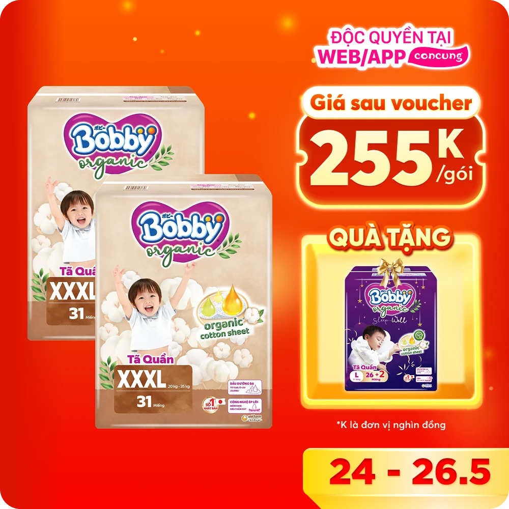 Combo 2 Tã quần Bobby Organic XXXL31 Miếng