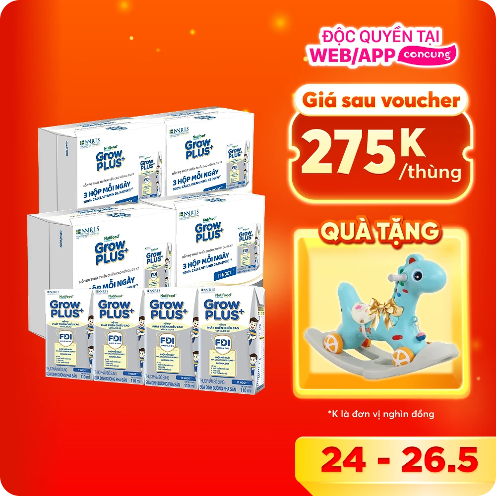4 Thùng Sữa dinh dưỡng pha sẵn GrowPLUS+ (Bạc) 110ml, lốc 4 hộp (Từ 1 tuổi)