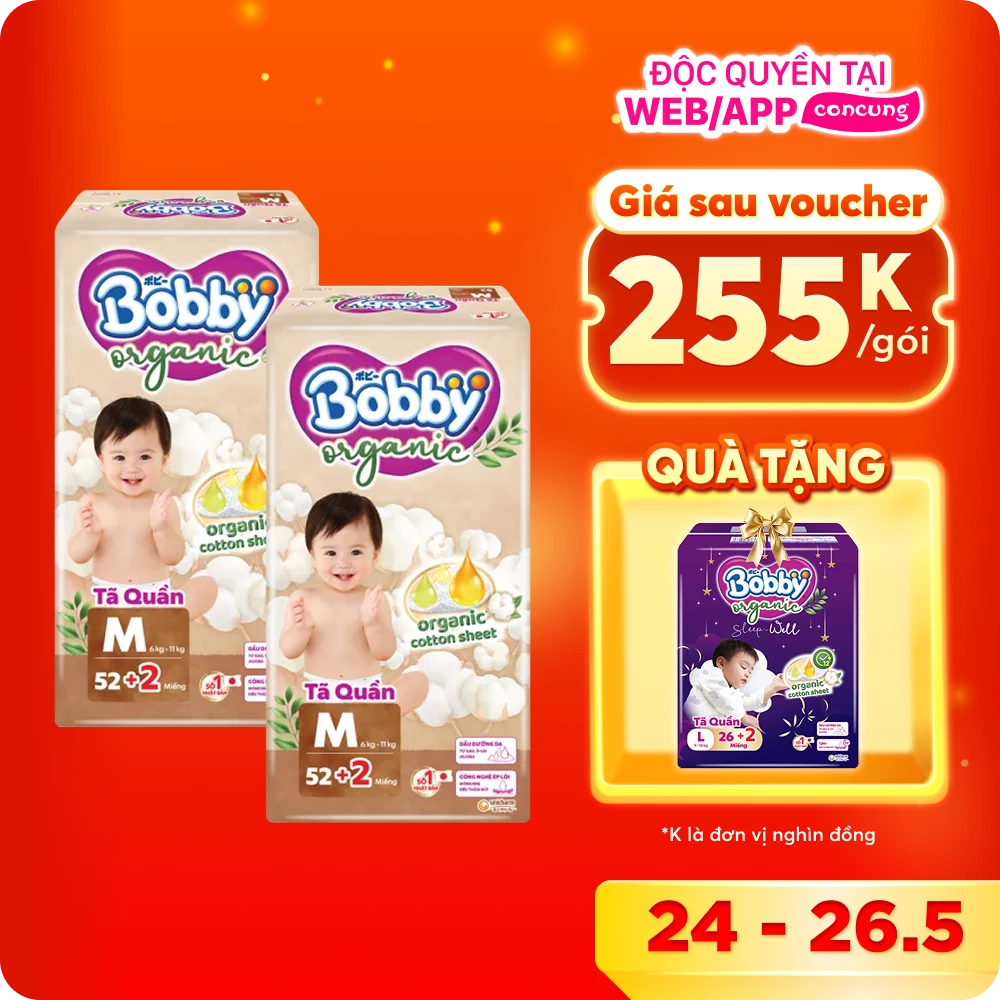 Combo 2 Tã quần Bobby Organic M52 Miếng (+2 miếng)