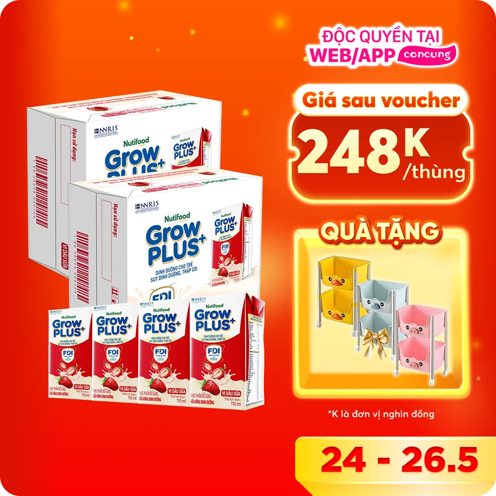 2 thùng sữa bột pha sẵn GrowPLUS+ vị dâu 110ml (lốc 4 hộp) (Trên 1 tuổi)