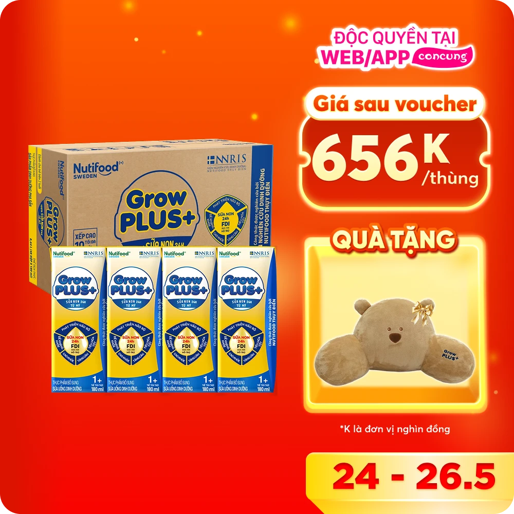 Combo 2 thùng Sữa GrowPLUS+ Sữa non Vàng 1+ 180ml (lốc 4 hộp)