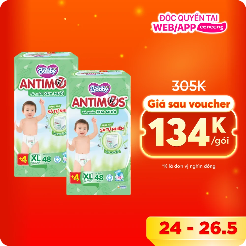 Combo 2 Tã quần Bobby Antimos Xua Muỗi (size XL, 48+4 miếng)