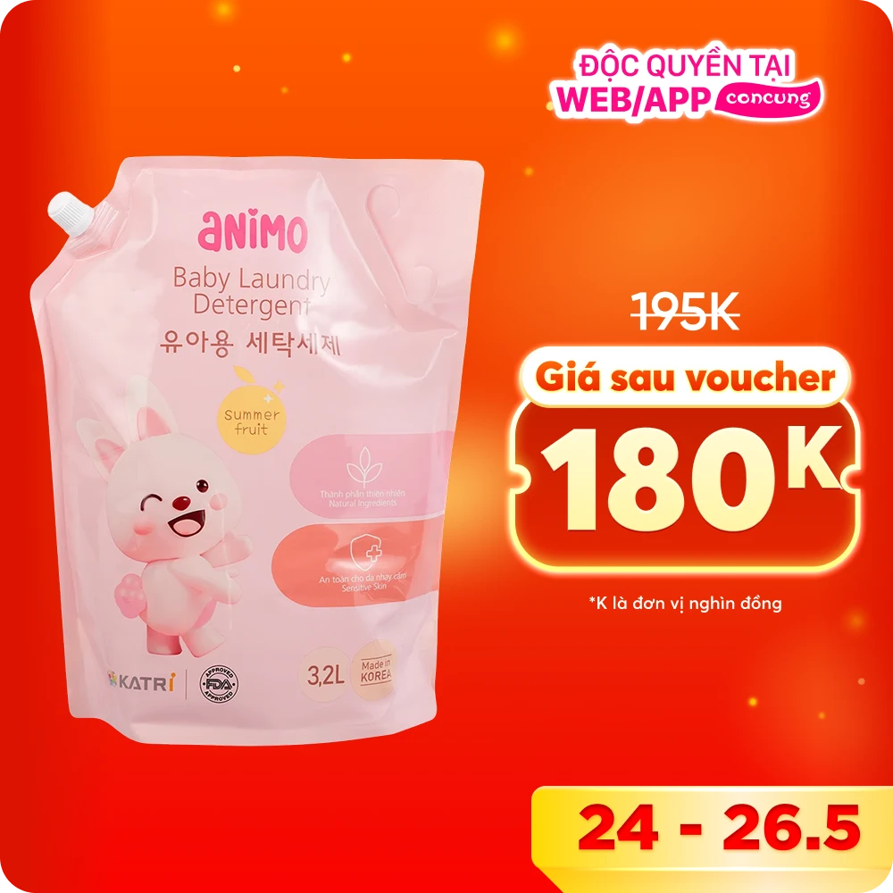 Nước giặt cho bé Animo  hương trái cây mùa hè túi refill 3,2L