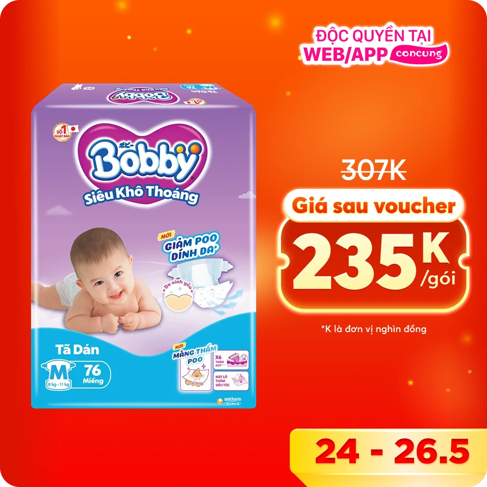 Bỉm tã dán Bobby siêu thấm size M 76 miếng (6-10kg) (giao bao bì ngẫu nhiên)