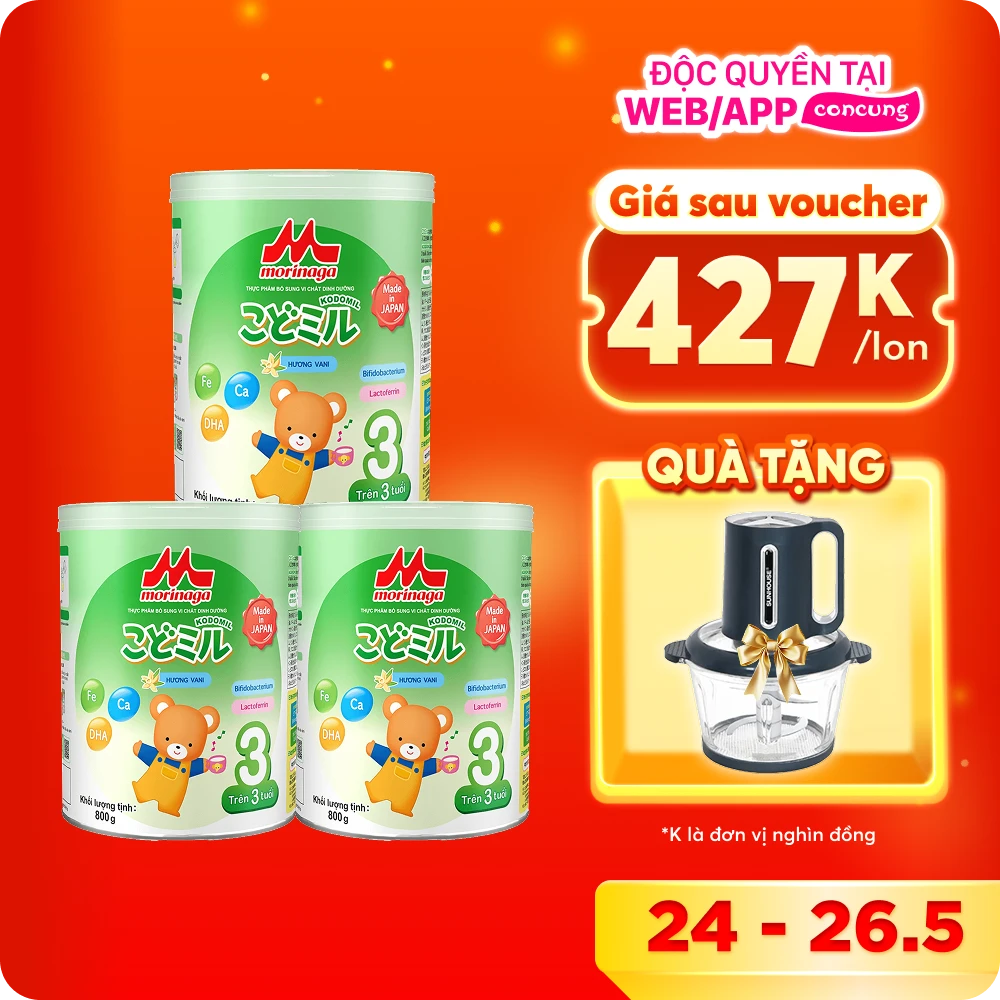 Combo 3 lon Morinaga số 3 Hương vani (Kodomil), trên 3 tuổi, 800g