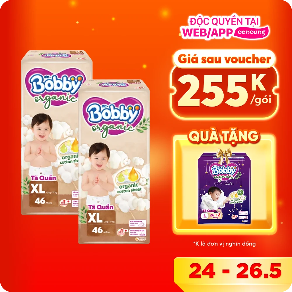 Combo 2 Tã quần Bobby Organic XL46 Miếng