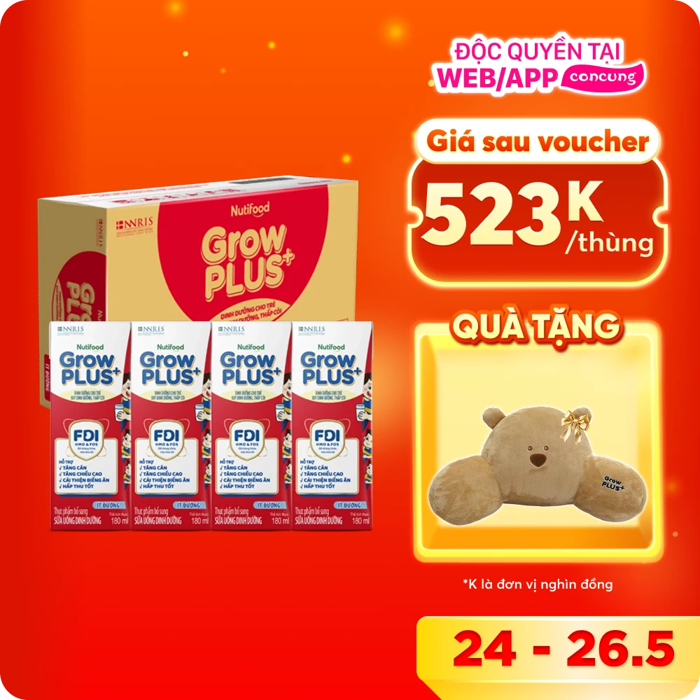 Thùng SPDDPS GrowPLUS 180ml Ít đường (lốc 4 hộp) - 12 lốc
