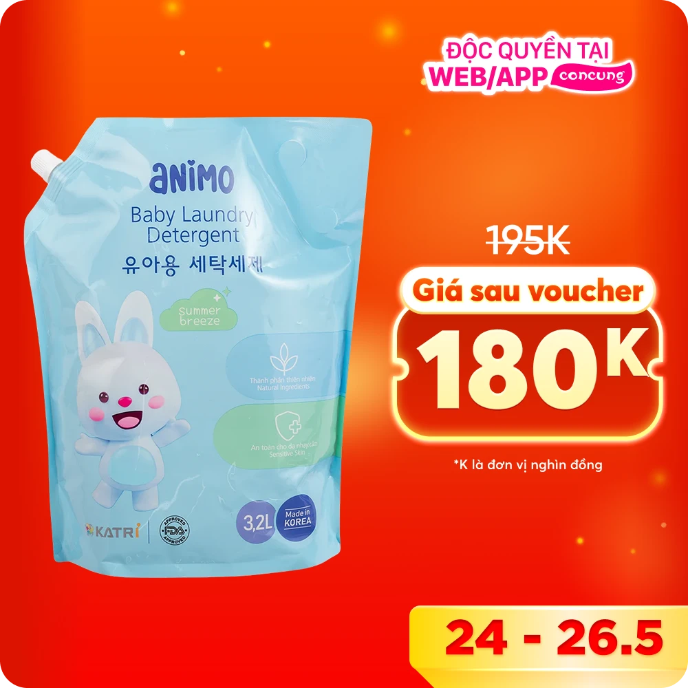 Nước giặt cho bé Animo hương làn gió mùa hè túi refill 3,2L