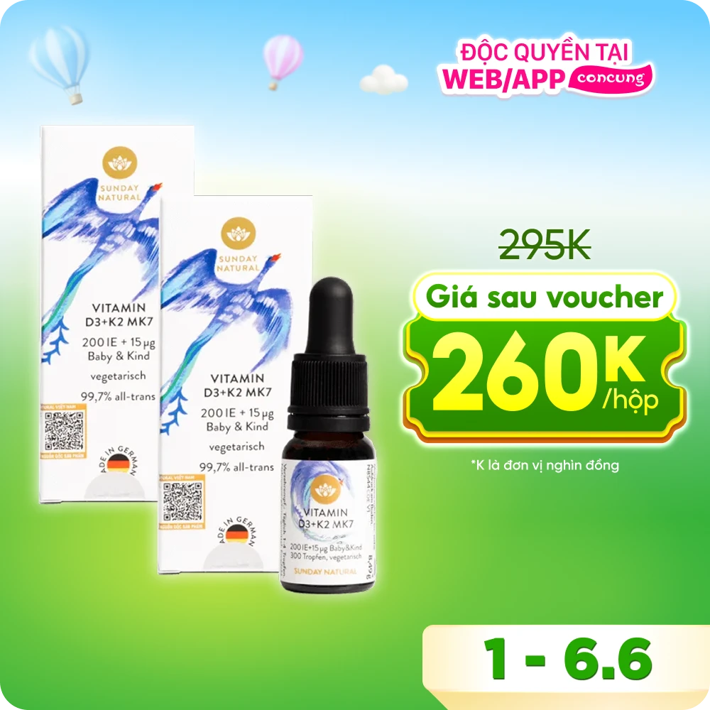 Thực phẩm bảo vệ sức khỏe  Vitamin D3+K2 MK7 200IE + 15ug Baby&Kind Sunday Natural