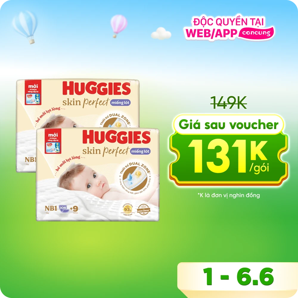 Miếng lót lọt lòng Huggies Skin Perfect (Newborn 1, dưới 5kg, 108 miếng)