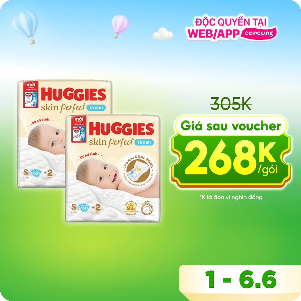 Tã dán sơ sinh Huggies Skin Perfect (S, 4-8kg, 80 miếng) (giao bao bì ngẫu nhiên)