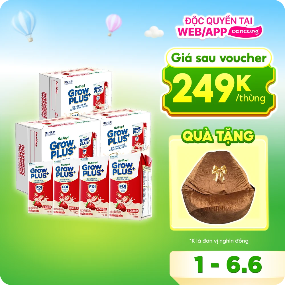 Sữa bột pha sẵn GrowPLUS+ vị dâu 110ml (lốc 4 hộp) (Trên 1 tuổi)
