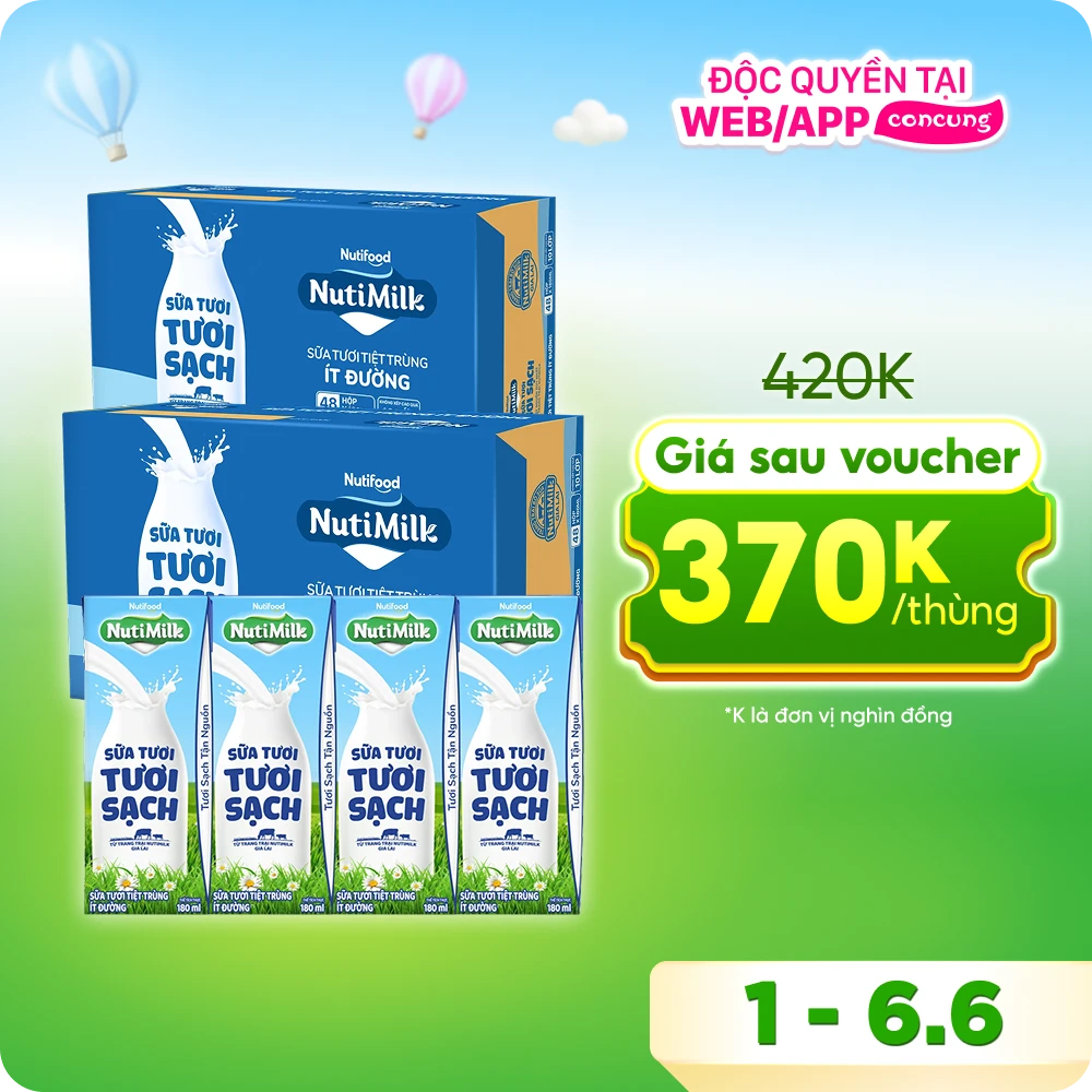 Sữa tươi sạch tiệt trùng Nutimilk, ít đường, 180ml (lốc 4 hộp)