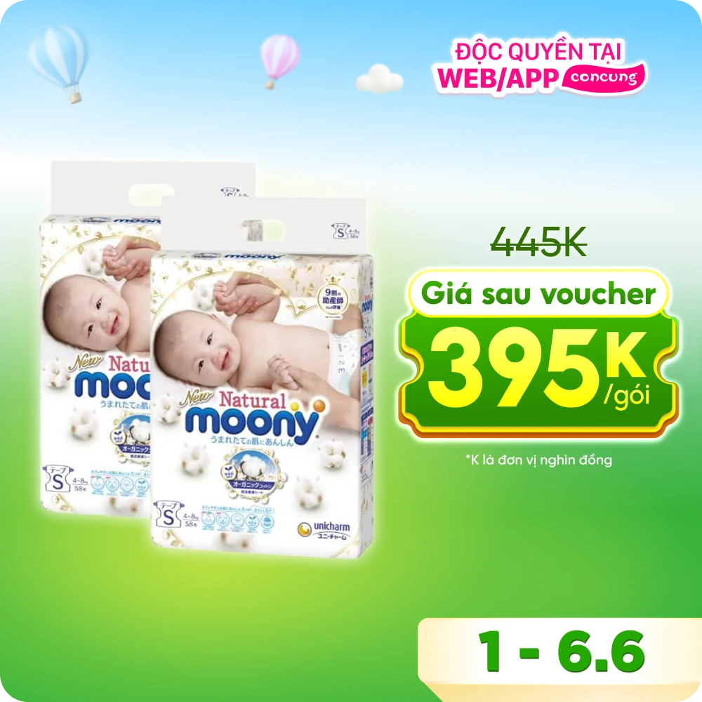 Bỉm tã dán Moony Natural size S 58 miếng (4-8kg) (giao bao bì ngẫu nhiên)