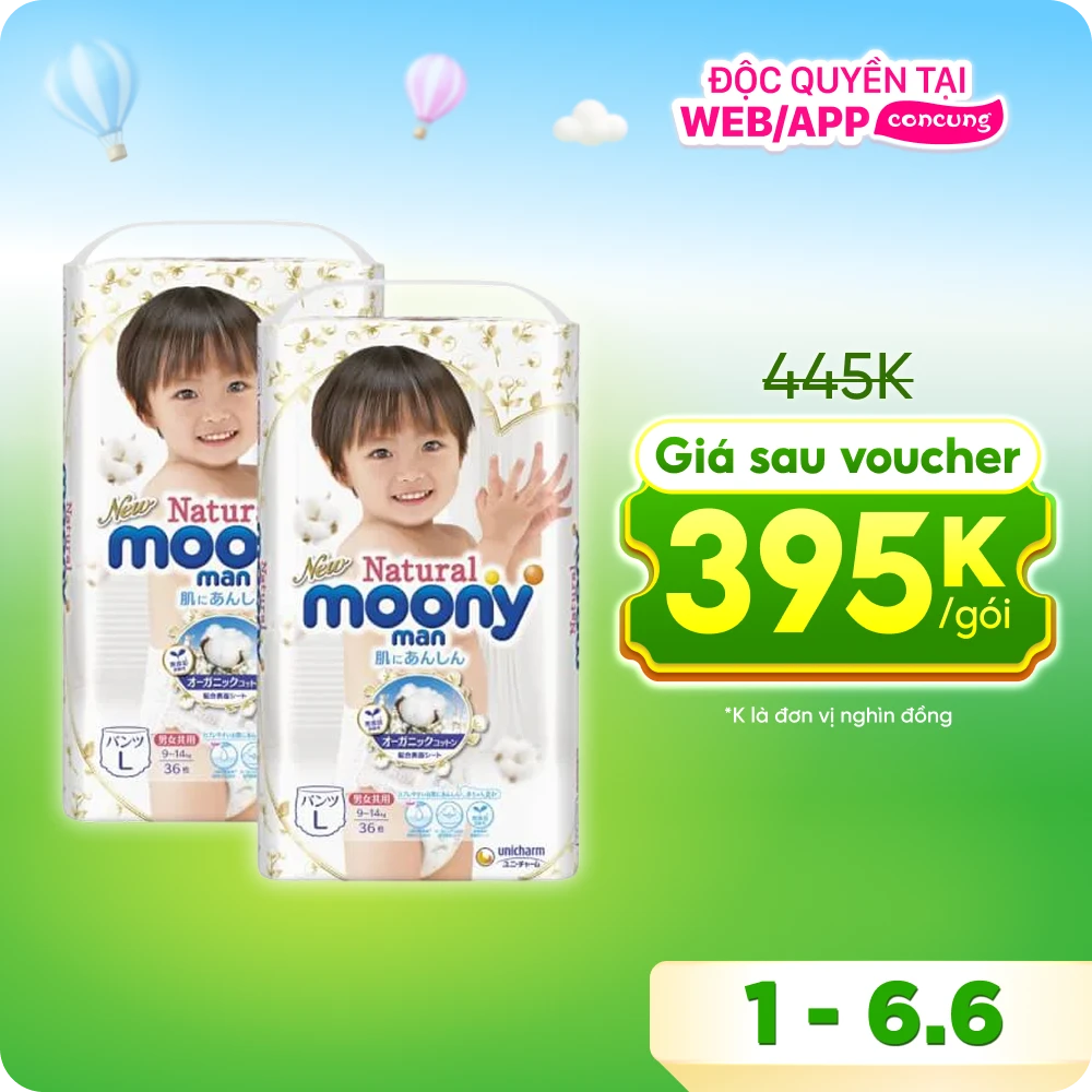 Tã quần Moony Natural/Moony Dịu nhẹ (L, 36 miếng) (giao bao bì ngẫu nhiên)