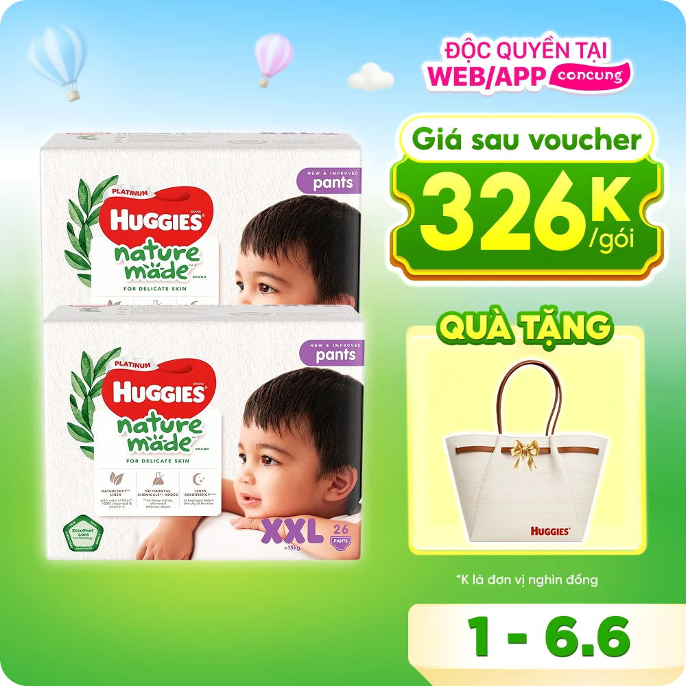 Bỉm tã quần Huggies Platinum Nature Made size XXL 26 miếng (trên 15kg) (giao bao bì ngẫu nhiên)