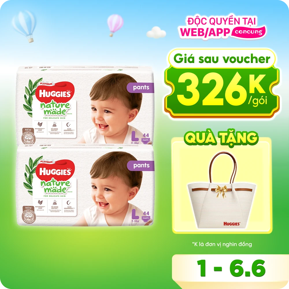 Bỉm tã quần Huggies Platinum Nature Made L size 44 miếng (9-14kg) (giao bao bì ngẫu nhiên)
