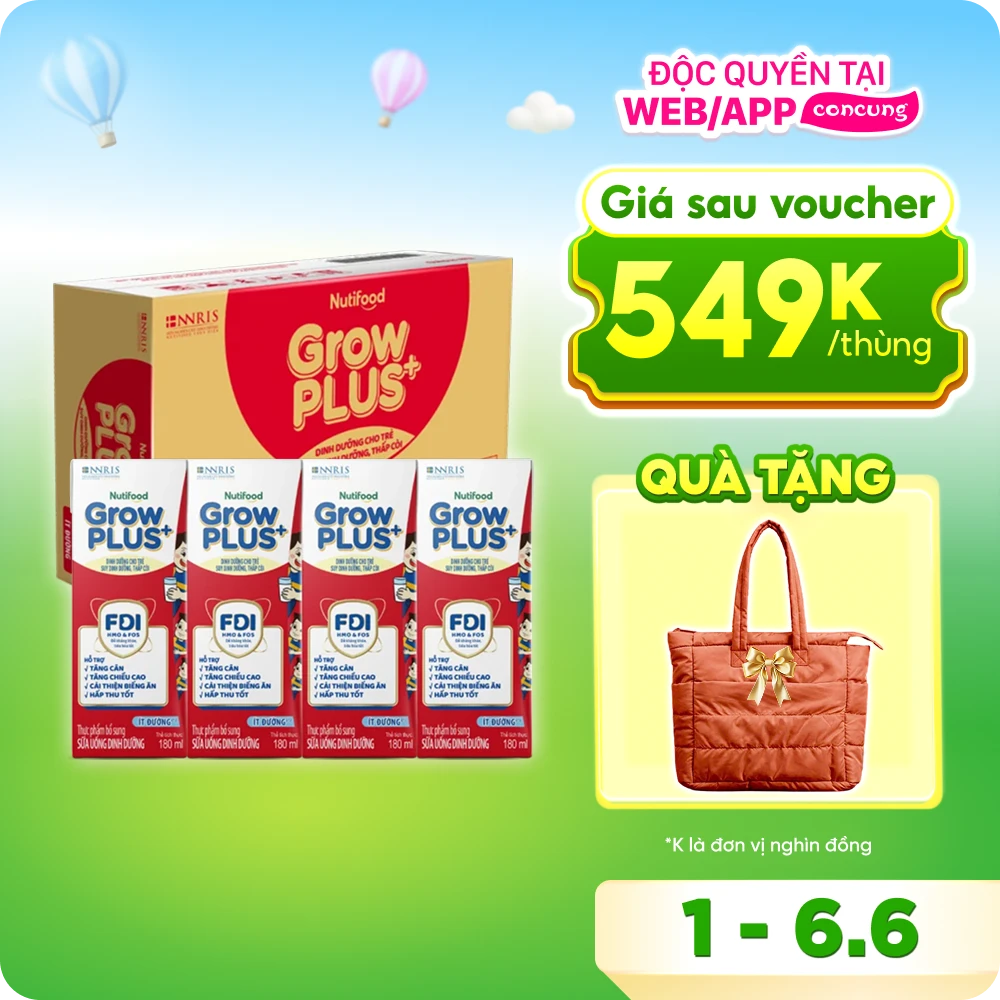Thùng SPDDPS GrowPLUS 180ml Ít đường (lốc 4 hộp) - 12 lốc