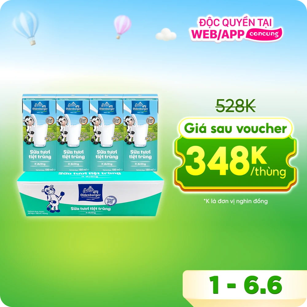 Thùng Sữa tươi tiệt trùng Oldenburger ít đường 180ml (lốc 4 hộp)
