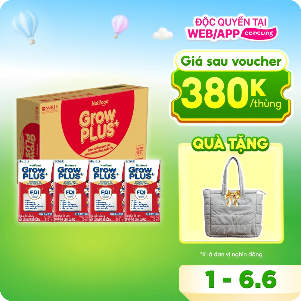 Thùng SPDDPS GrowPLUS 110ml Ít đường (lốc 4 hộp) - 12 lốc