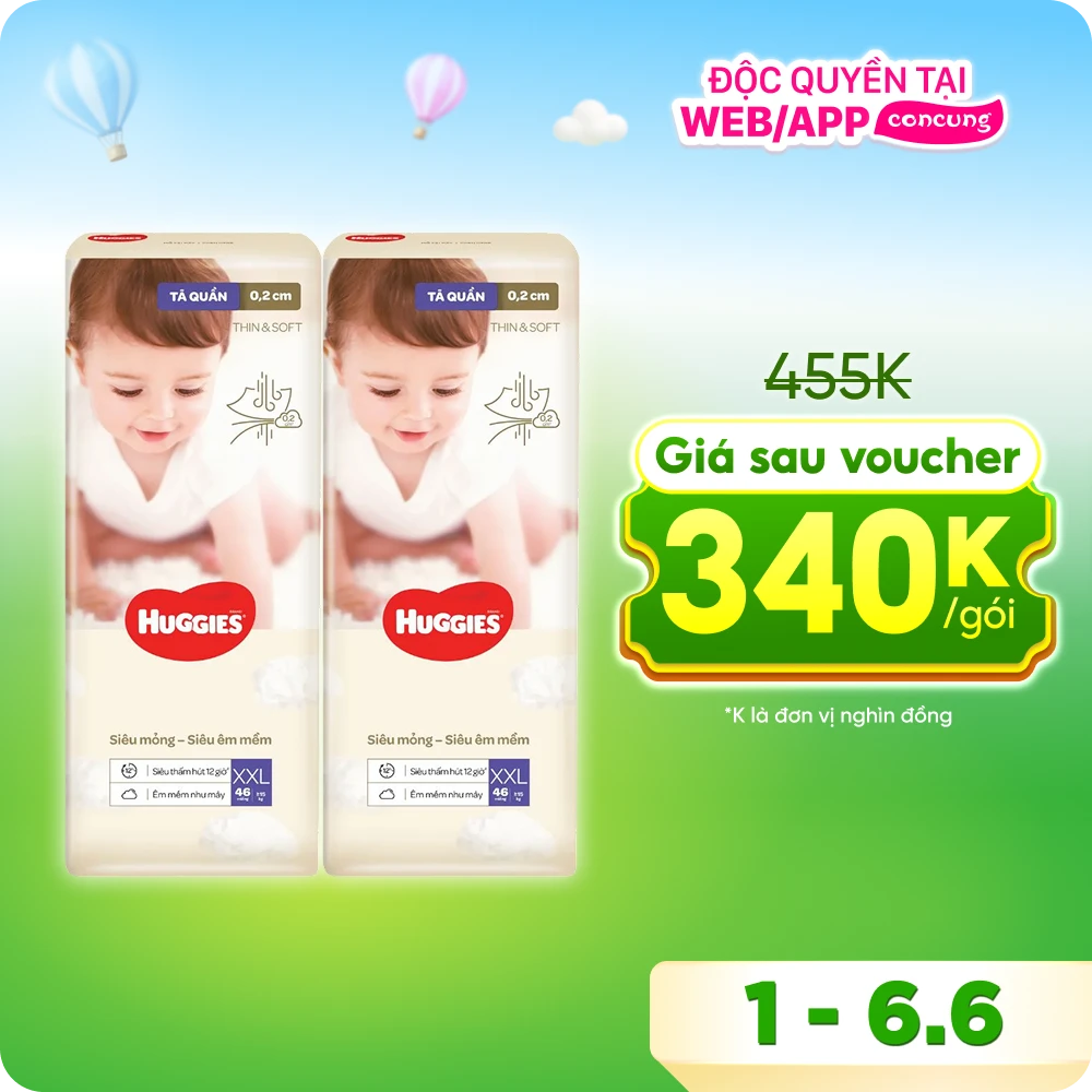 Combo 2 Tã quần Huggies Thin & Soft  (XXL, >15kg, 46 miếng)