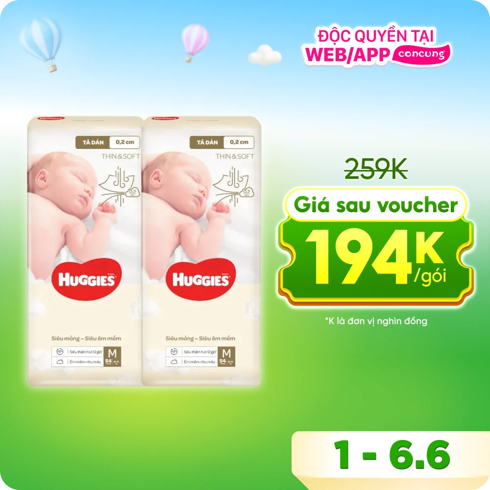 Combo 2 Tã dán Huggies Thin & Soft  (M, 6-11kg, 54 miếng)