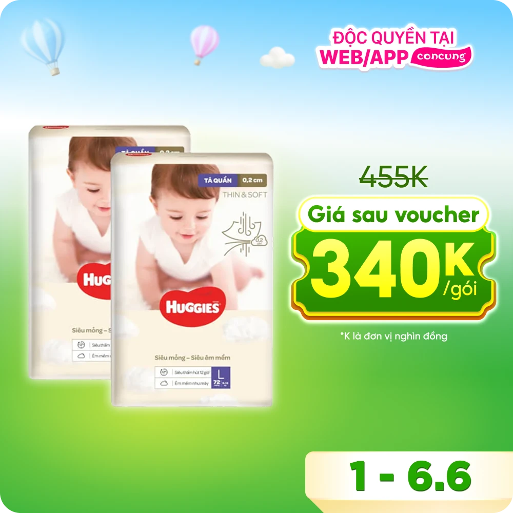 Combo 2 Tã quần Huggies Thin & Soft  (L, 9-14kg, 72 miếng)