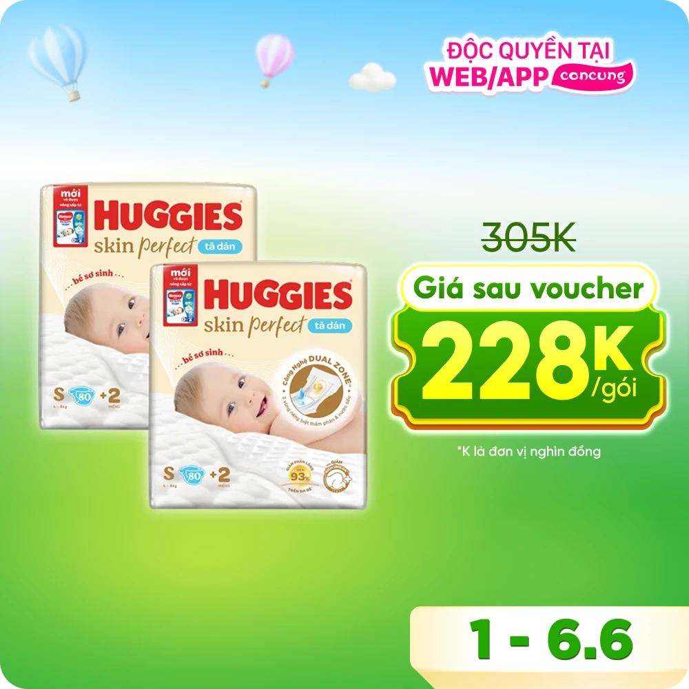Combo 2 Tã dán sơ sinh Huggies Skin Perfect (S, 4-8kg, 80 miếng)