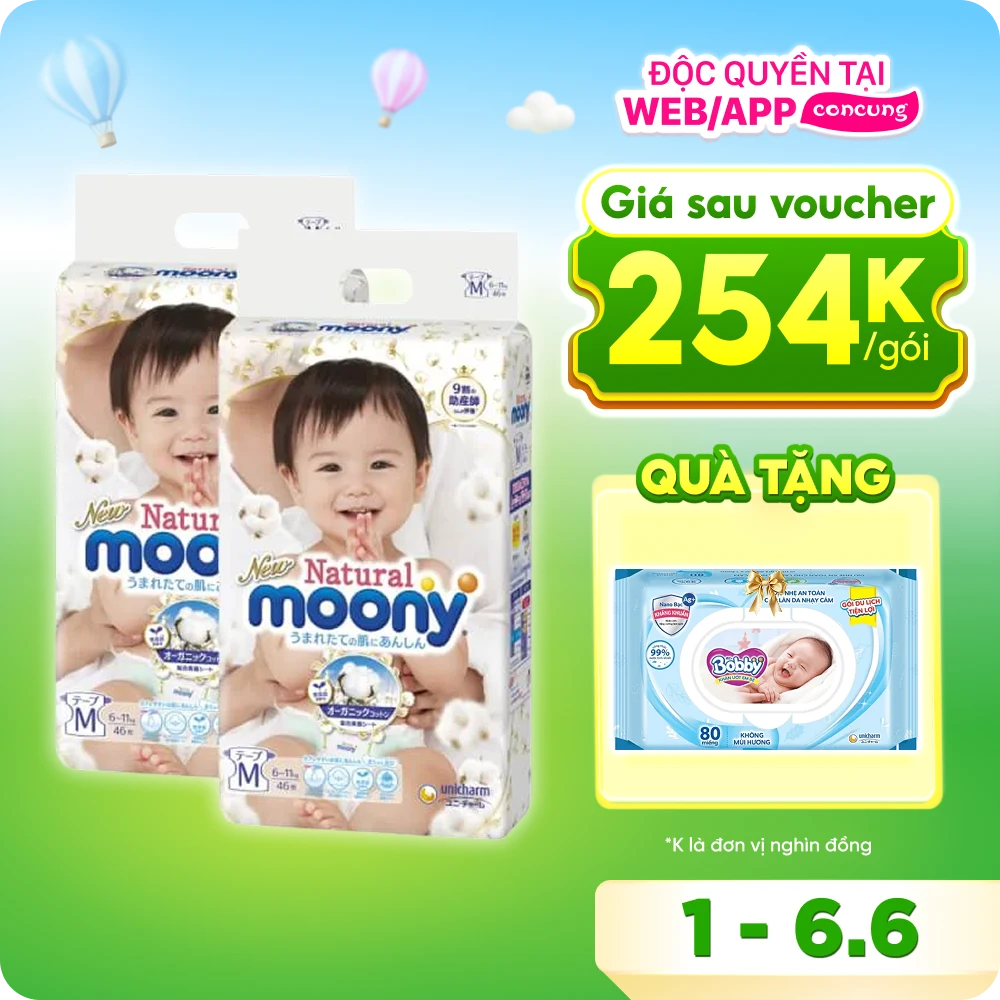 Combo 2 gói Bỉm tã dán Moony Natural size M 46 miếng (6-11kg) - Giao bao bì ngẫu nhiên