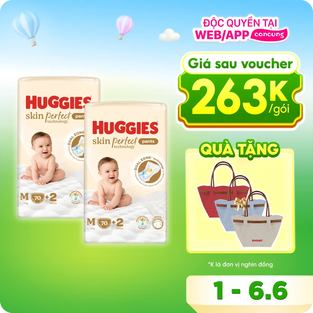 Combo 2 Tã quần Huggies SkinPerfect Pants (M, 6-11kg, 70+2 miếng)