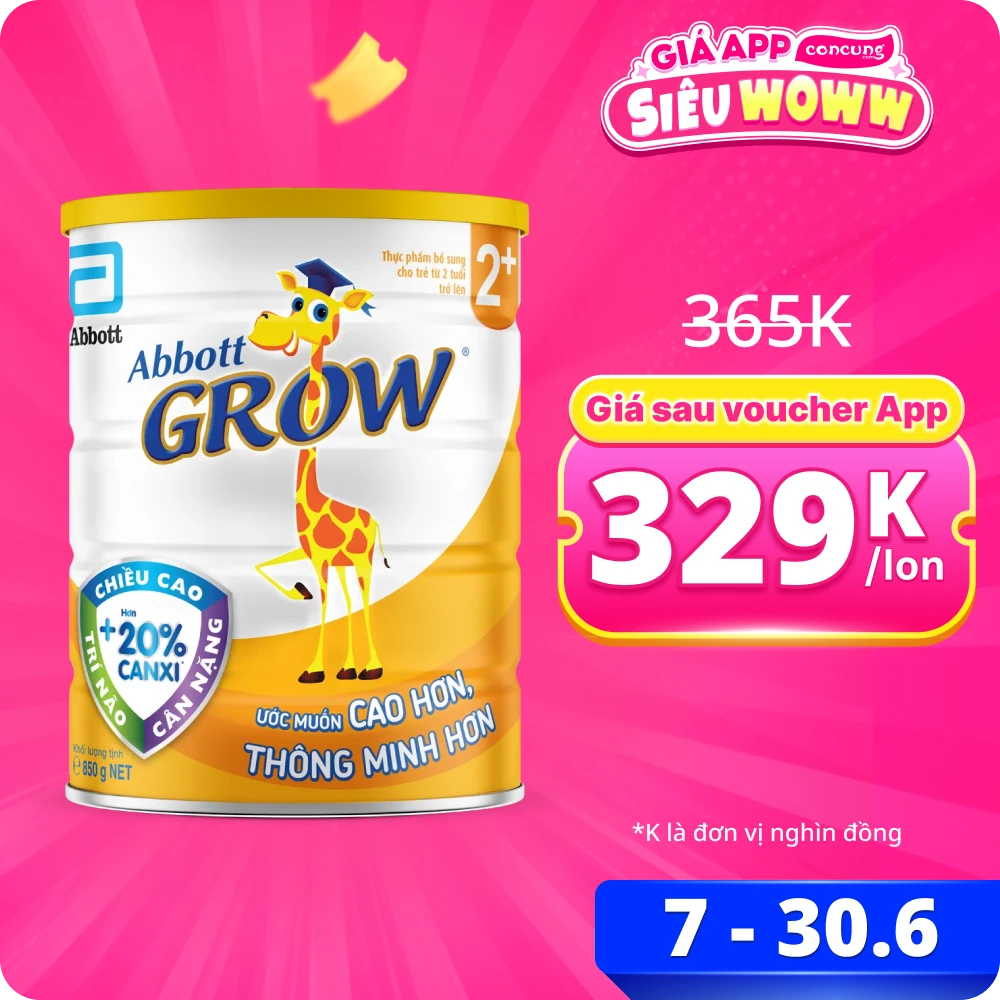 Sữa Abbott Grow 2+ 850g (trên 2 tuổi) (tên cũ: Abbott Grow 4 900g, giao bao bì ngẫu nhiên)