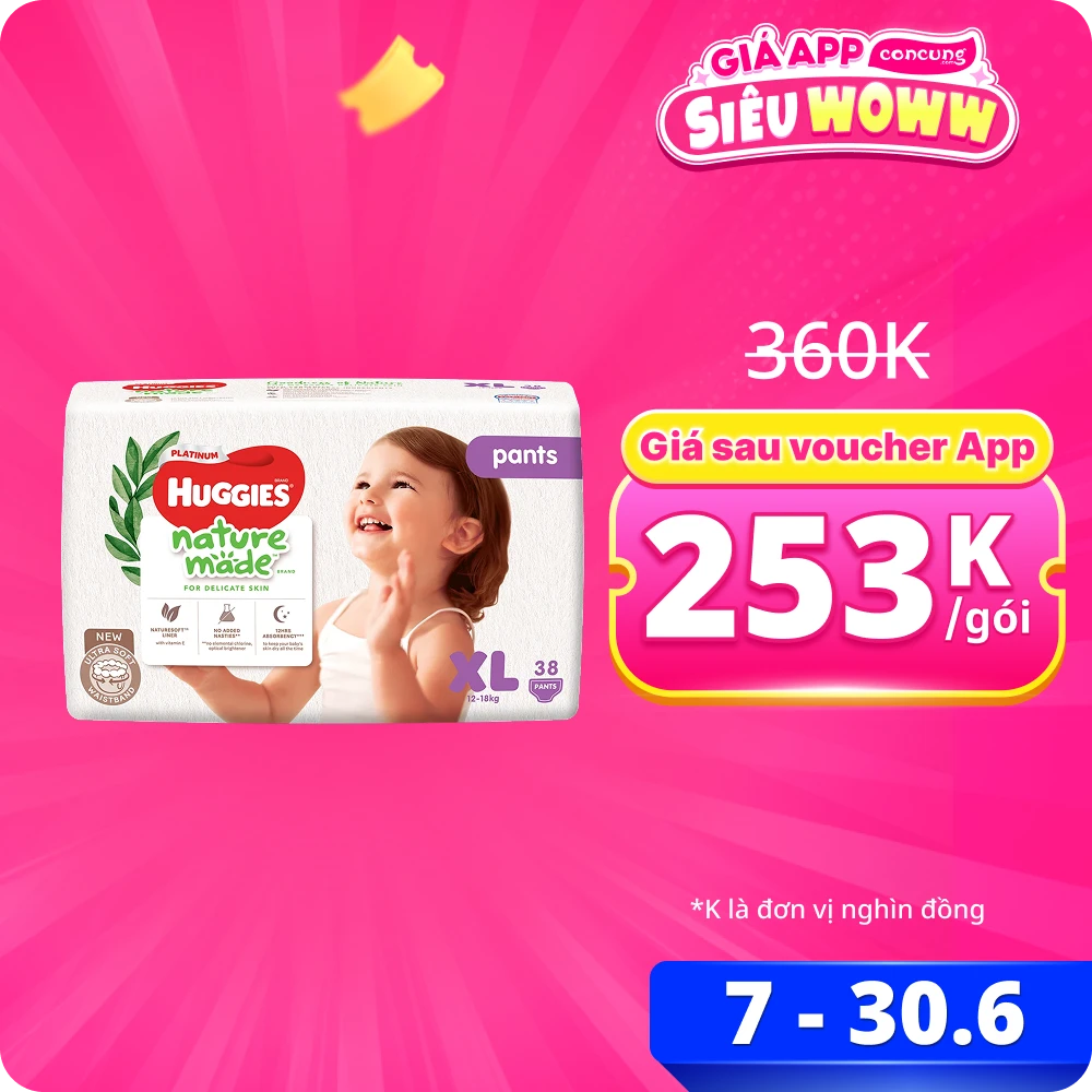 Bỉm tã quần Huggies Platinum Nature Made size XL 38 miếng (12-18kg) (giao bao bì ngẫu nhiên)