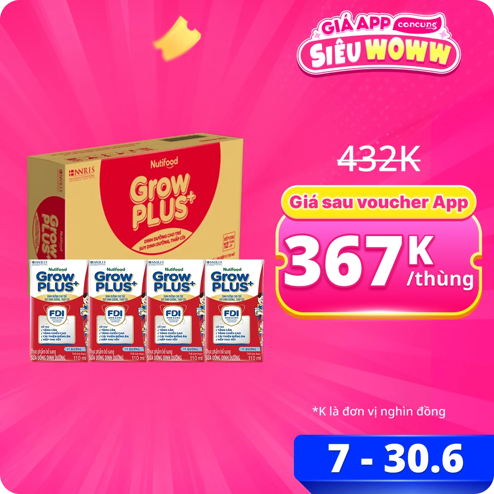 Thùng SPDDPS GrowPLUS 110ml Ít đường (lốc 4 hộp) - 12 lốc
