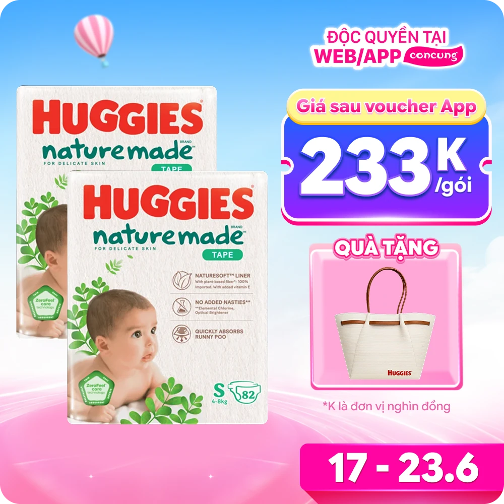 Combo 2 bỉm tã dán Huggies Platinum Nature Made size S 82 miếng (4-8kg) (giao bao bì ngẫu nhiên)