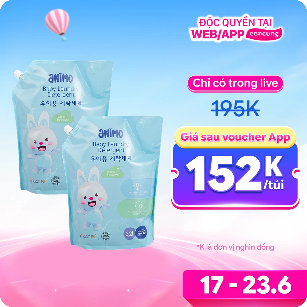 Combo 2 Nước giặt cho bé Animo hương làn gió mùa hè túi refill 3,2L