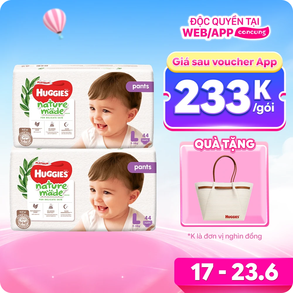 Combo 2 gói Bỉm tã quần Huggies Platinum Nature Made L size 44 miếng (9-14kg)