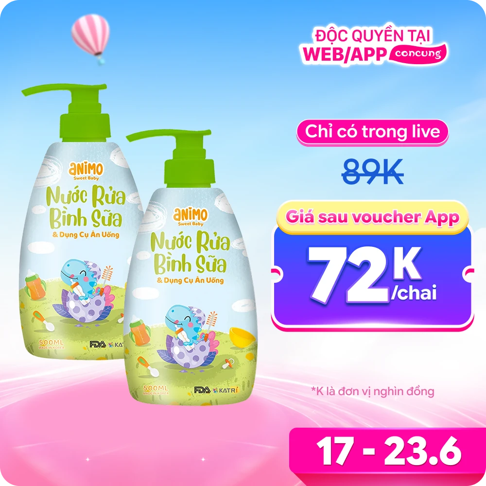 Combo 2 Nước rửa bình sữa Animo chai 500ml (Xanh da trời)