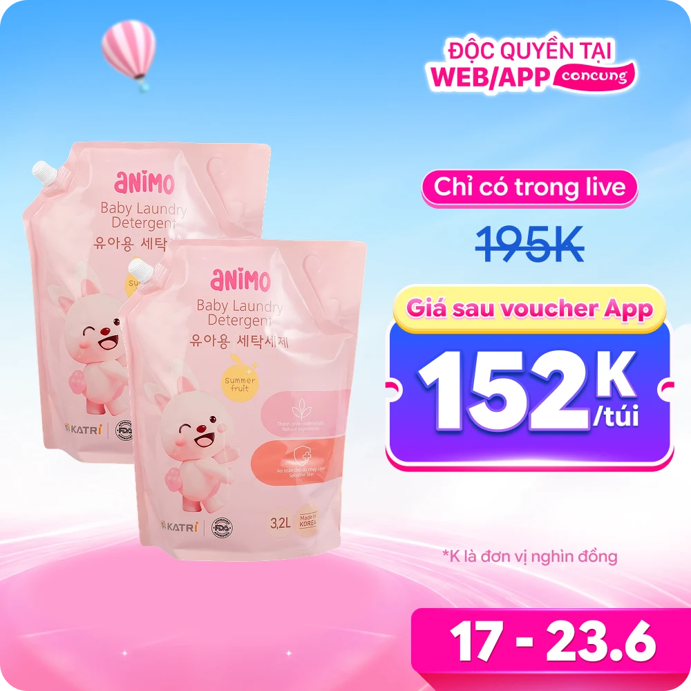 Combo 2 Nước giặt cho bé Animo hương trái cây mùa hè túi refill 3,2L
