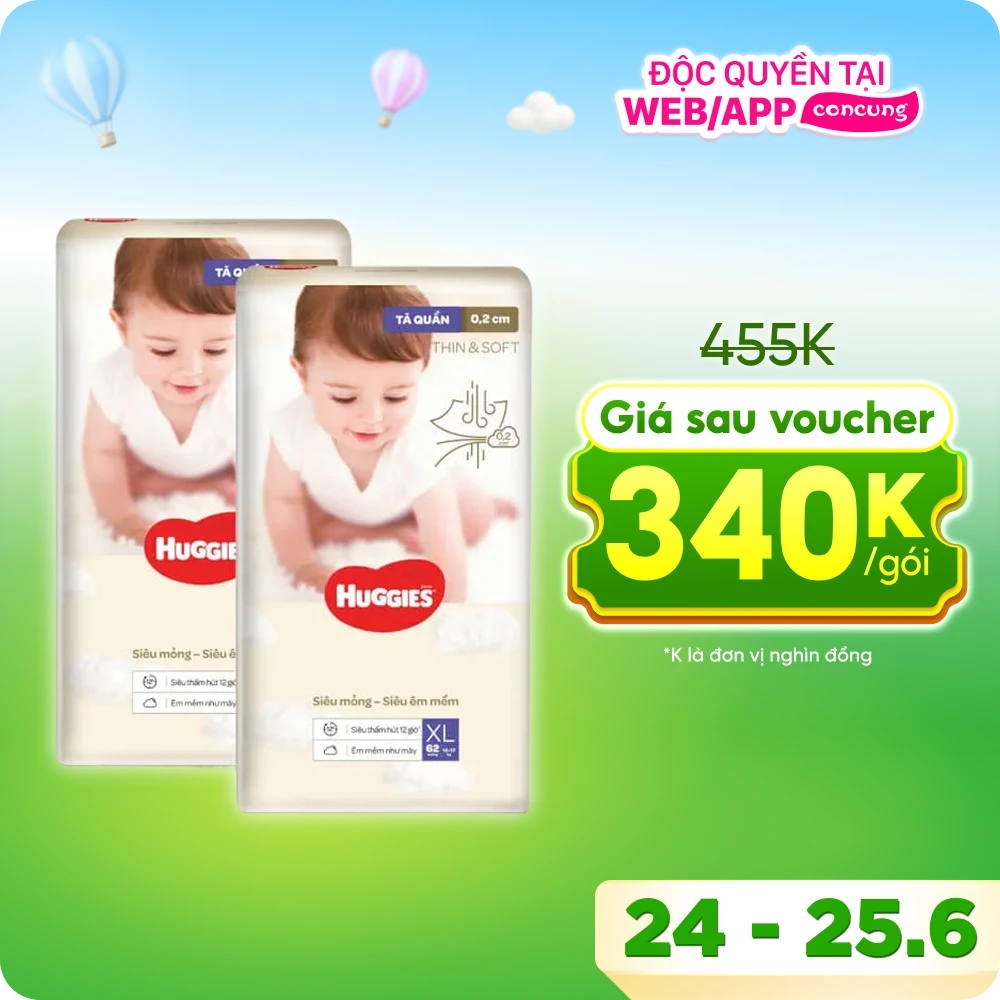 Combo 2 Tã quần Huggies Thin & Soft  (XL, 12-17kg, 62 miếng)