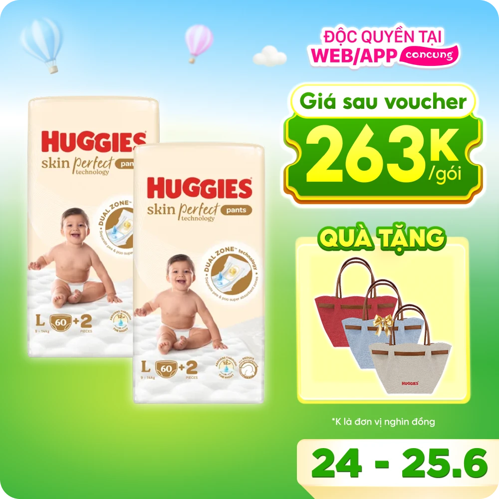Combo 2 Tã quần Huggies SkinPerfect Pants (L, 9-14kg, 60+2 miếng)
