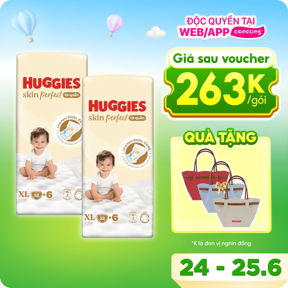 Combo 2 Tã quần Huggies SkinPerfect Pants (XL, 12-17kg, 52+6 miếng) (giao bao bì ngẫu nhiên)