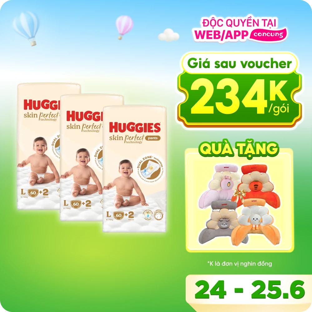 Combo 3 Tã quần Huggies SkinPerfect Pants (L, 9-14kg, 60+2 miếng)
