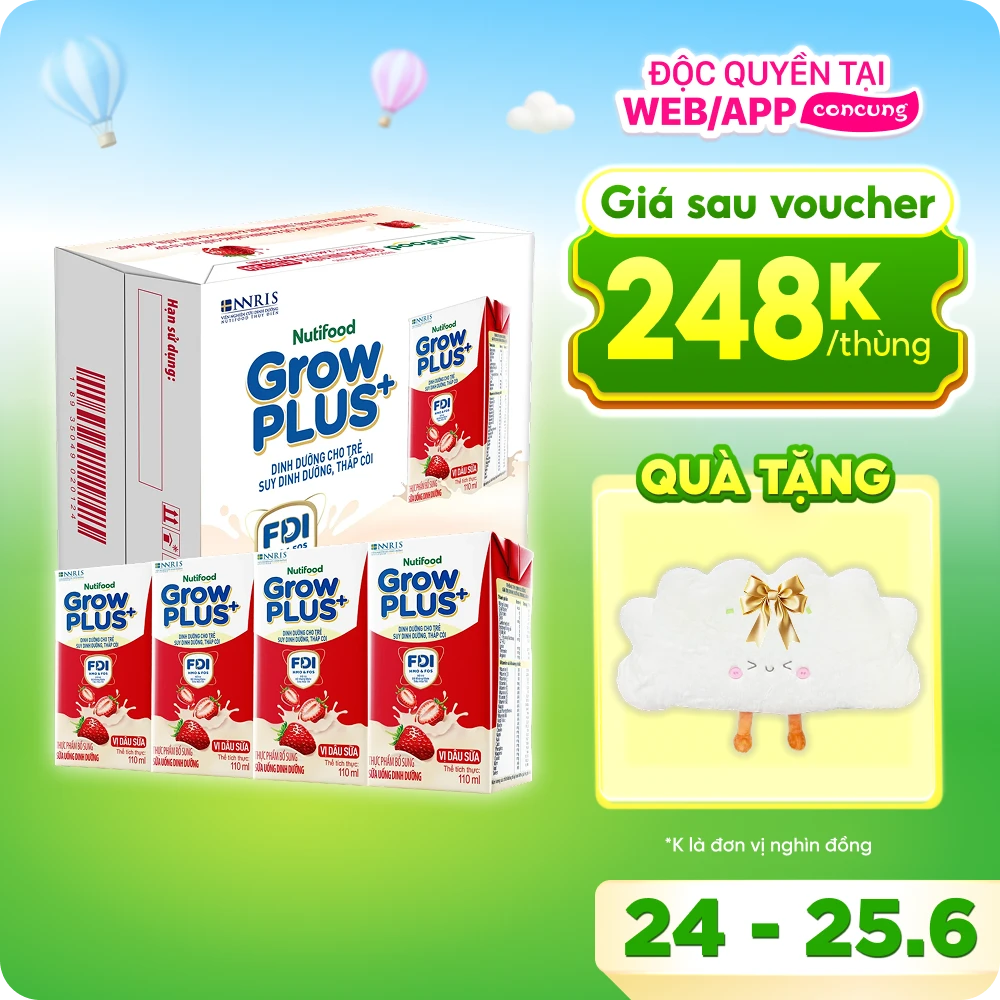 Thùng Sữa bột pha sẵn GrowPLUS+ vị dâu 110ml (lốc 4 hộp) (Trên 1 tuổi)