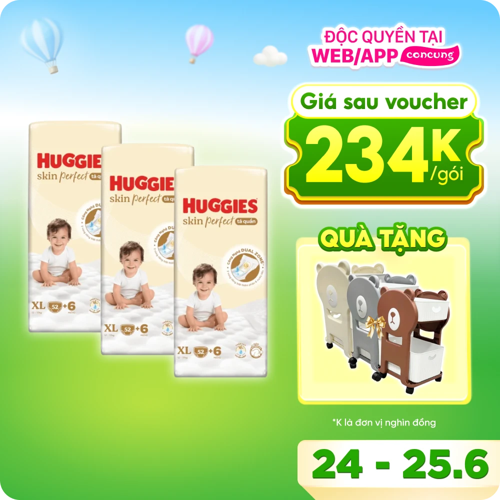 Combo 3 Tã quần Huggies SkinPerfect Pants (XL, 12-17kg, 52+6 miếng)