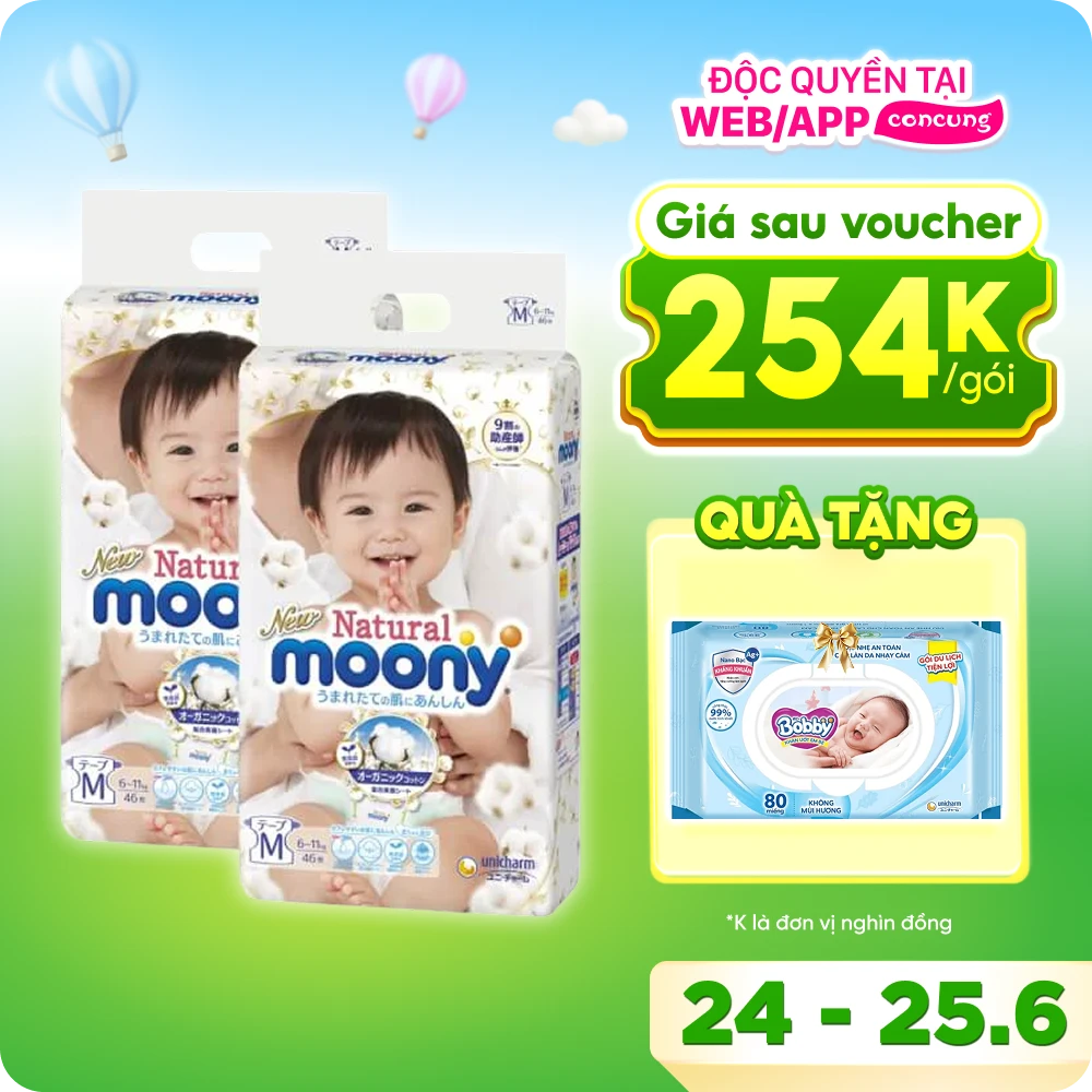 Combo 2 gói Bỉm tã dán Moony Natural size M 46 miếng (6-11kg) - Giao bao bì ngẫu nhiên